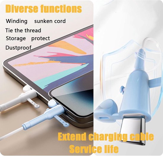 2 stuks datakabelbeschermer, siliconen koordbesparing, stofdichte opslag, datakabelopwinder, 3-in-1, anti-breuk beschermhoes, compatibel voor type-c oplader (wit) — afbeelding 5