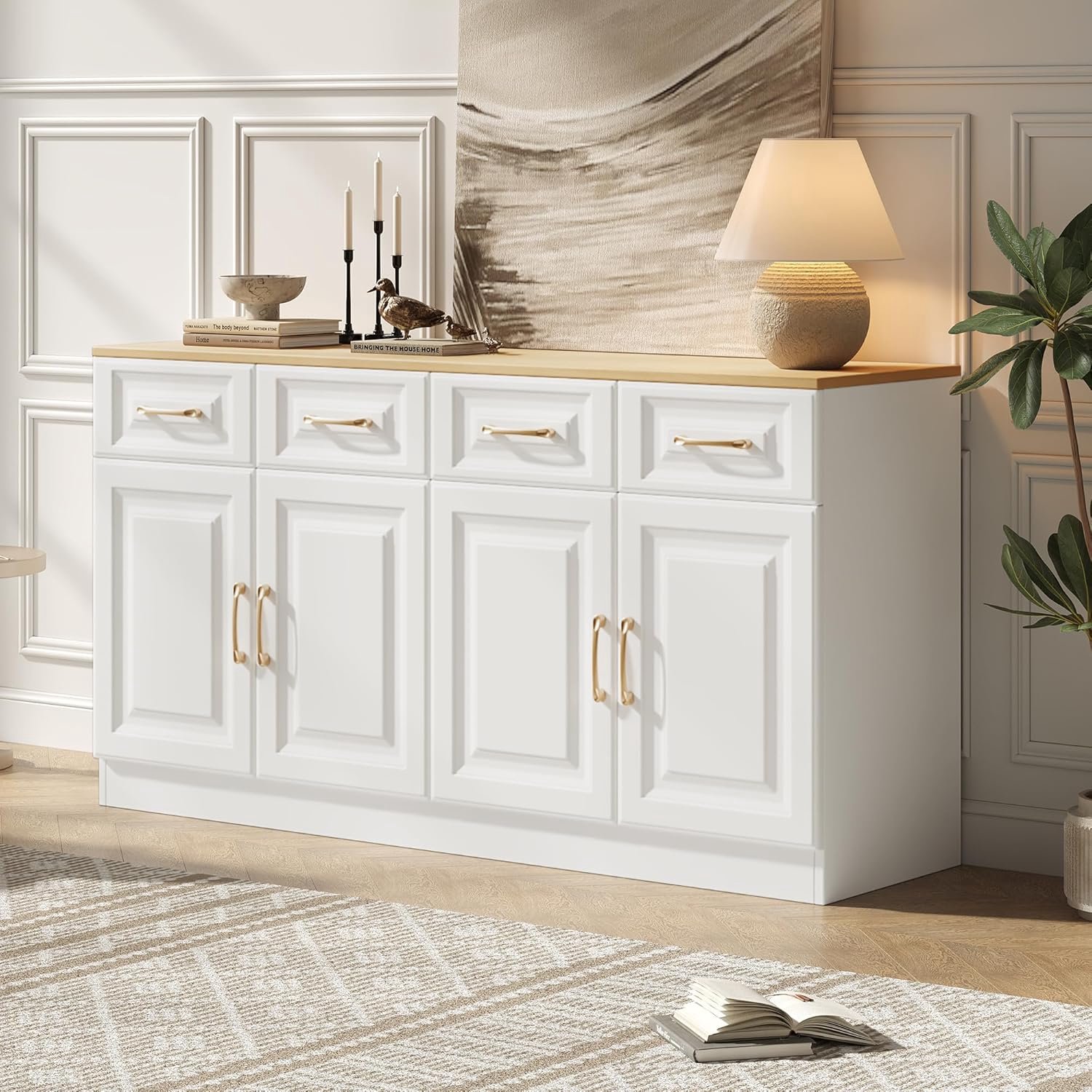Witte commode met 4 laden en 4 schuurdeuren, hoogglans dressoir voor keuken, eetkamer, woonkamer, dressoir van echt hout, 40 x 140 x 75 cm, wit