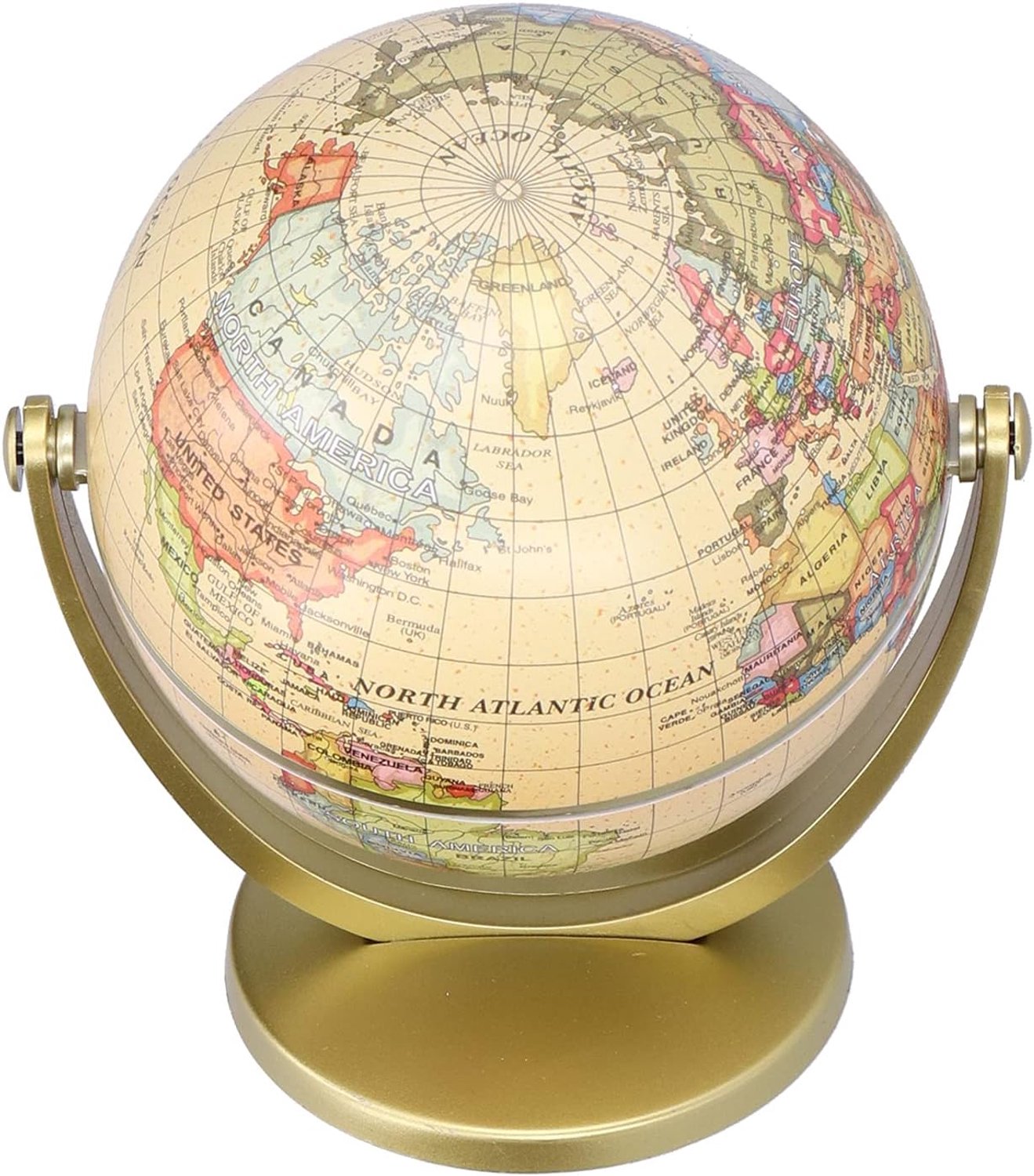 Wereldbol met gouden basis, mini-wereldkaart wereldkaart, Engelse editie, desktopleermiddel voor draaibare aarde, geografie-wereldbol, levendige kleuren, duurzame materialen