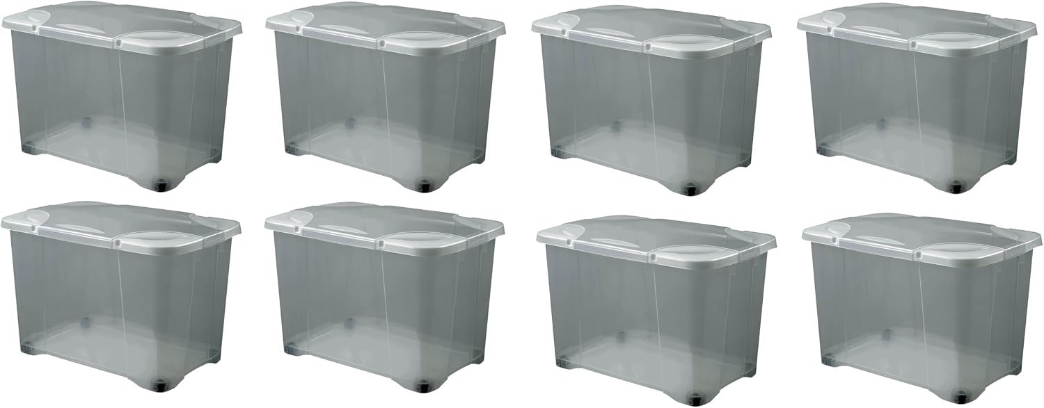 Deconation Set van 8 opbergdozen, 60 l, wielen en scharnierdeksel, oorsprong Frankrijk, grijs transparant