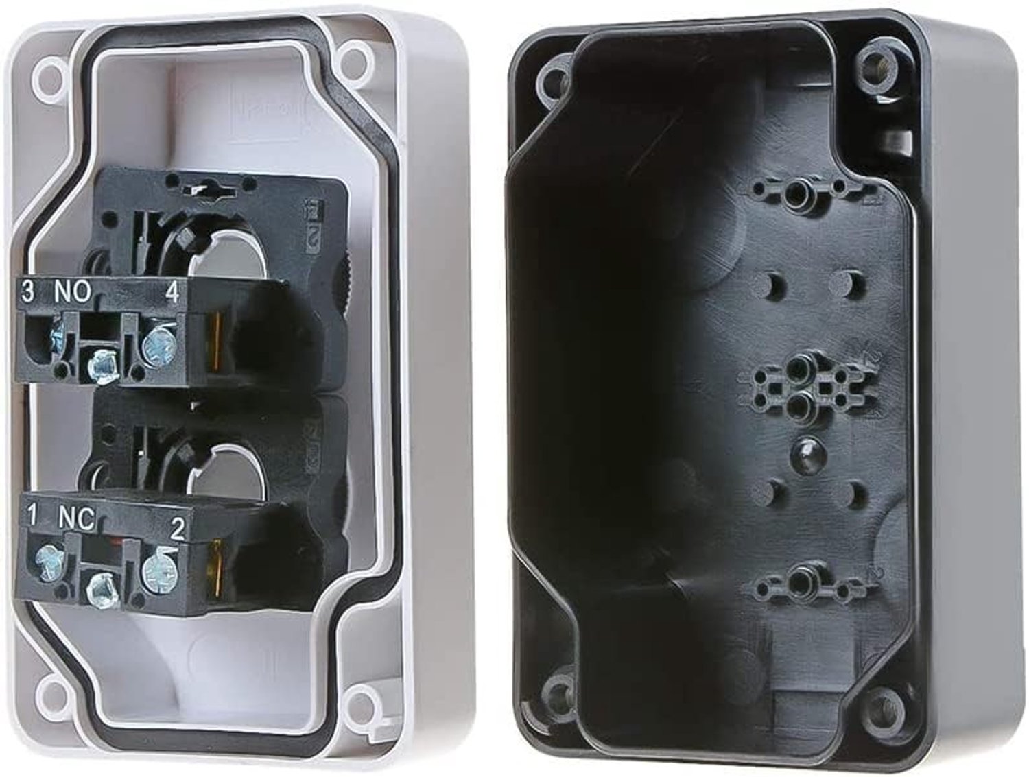 Schakelbox met 4 terminalen en drukknoppen NO+NC voor beveiliging en elektromagnetische starters