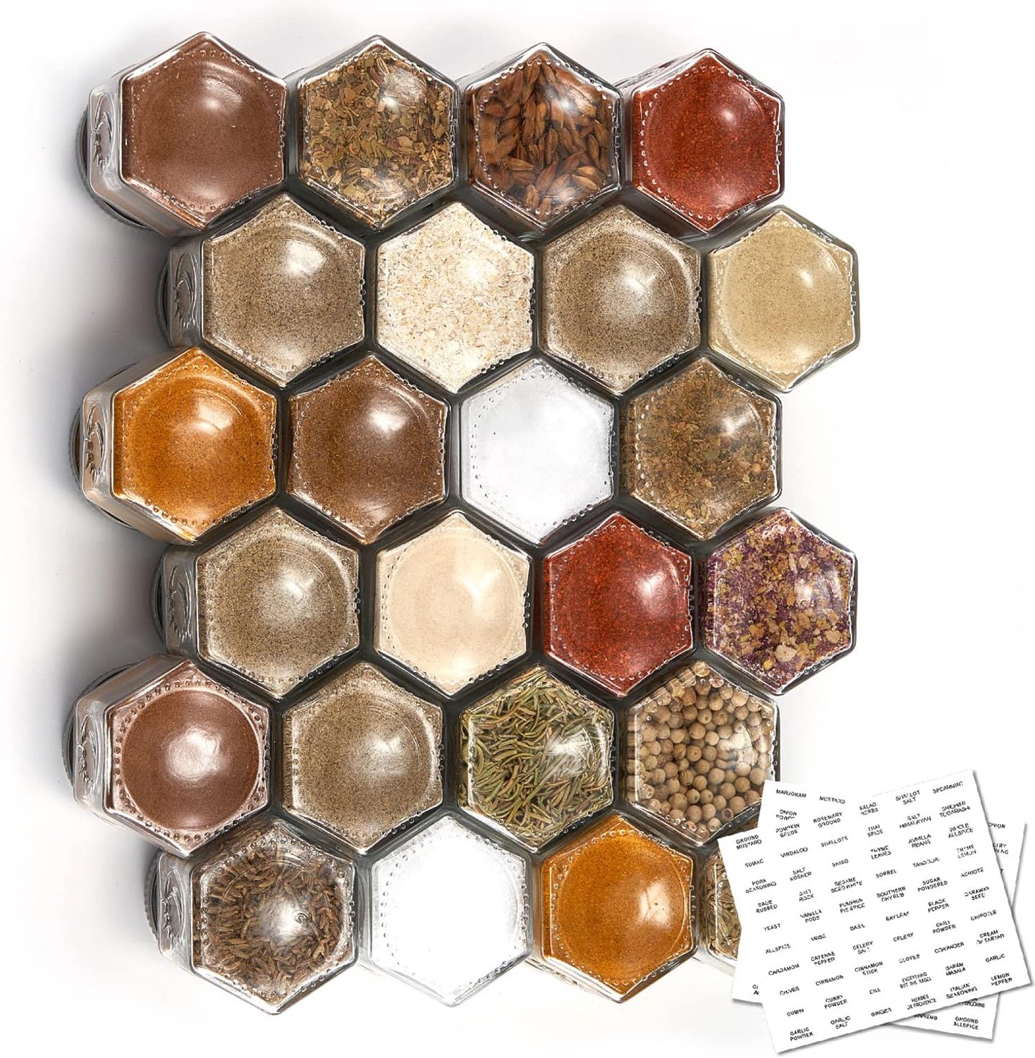 Homazing Set van 24 magnetische kruidenpotjes van zeshoekig glas, met shakerdeksel en etiketten voor koelkast, keuken, camper, reisaanhangwagen