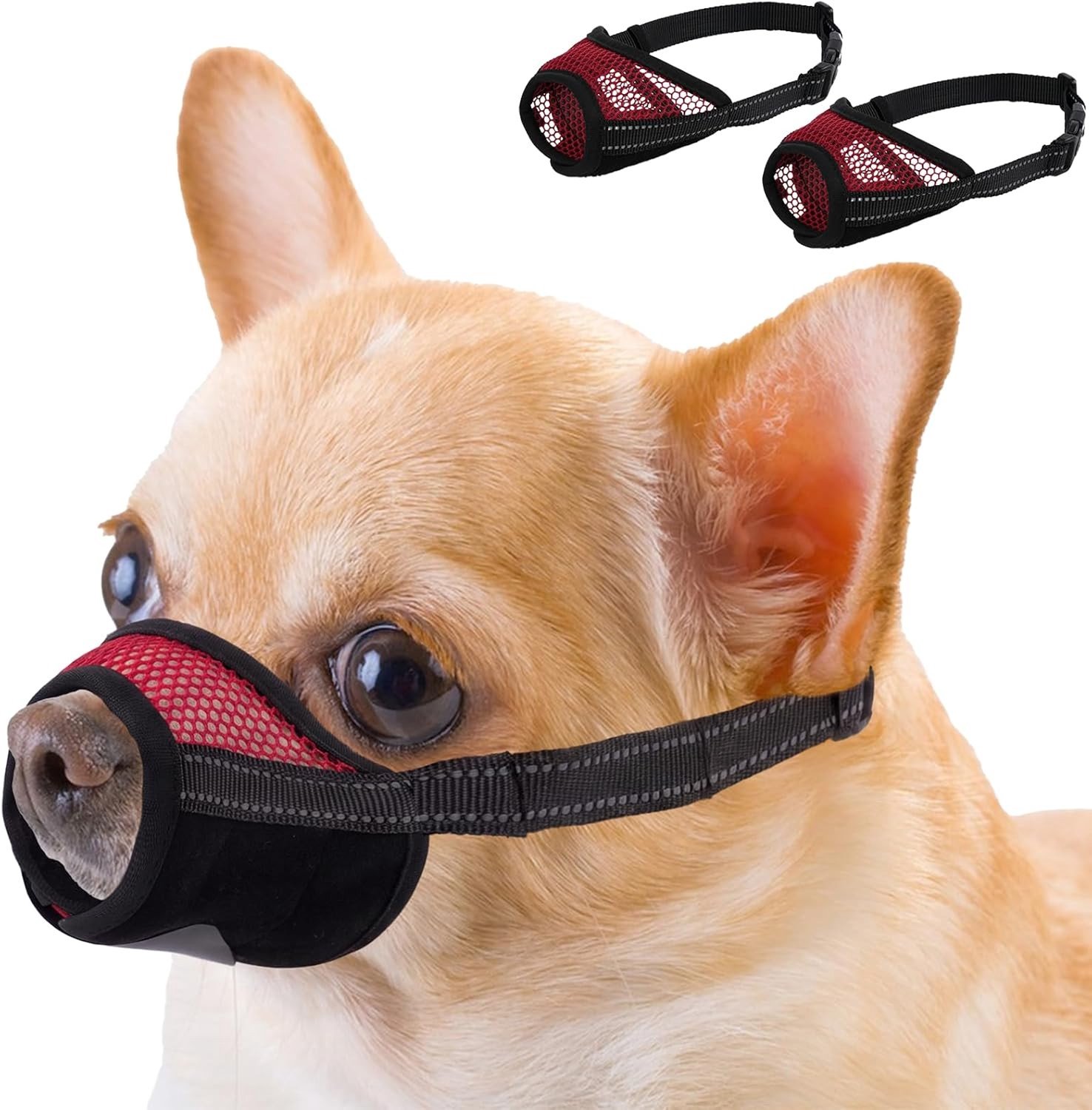 Zachte en ademende muilkorf voor kleine honden, bescherming tegen voedsel, ideaal voor Chihuahua en Teckel, 2 stuks (Rood, XS)