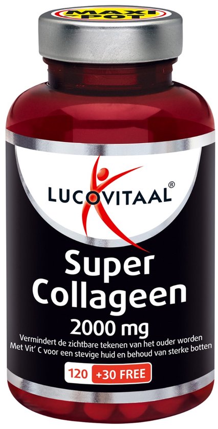 Pot Super Collageen 2000 mg van Lucovitaal. Rood met zilveren dop. Tekst: 'Super Collageen 2000 mg', '120 +30 FREE'.