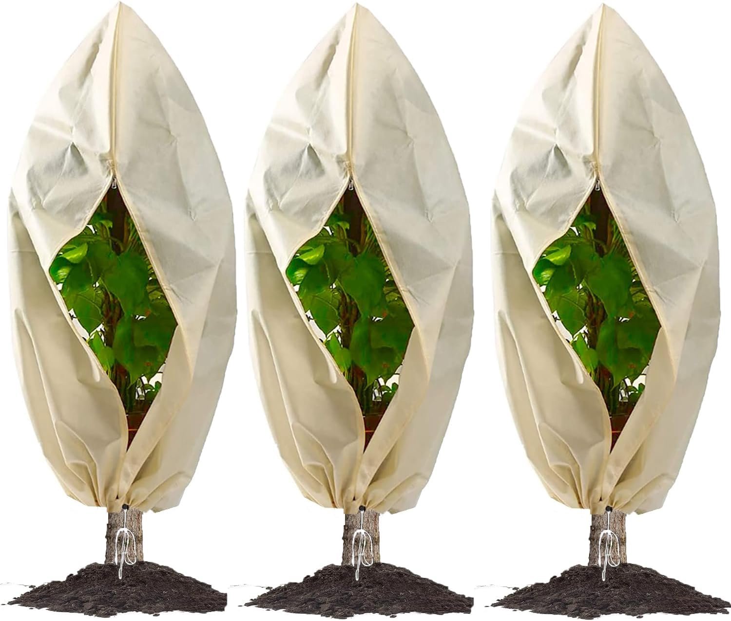 Famanu - Winterbescherming voor planten - Beschermt tegen vorst - Ademend polyester - Beige 3 stuks