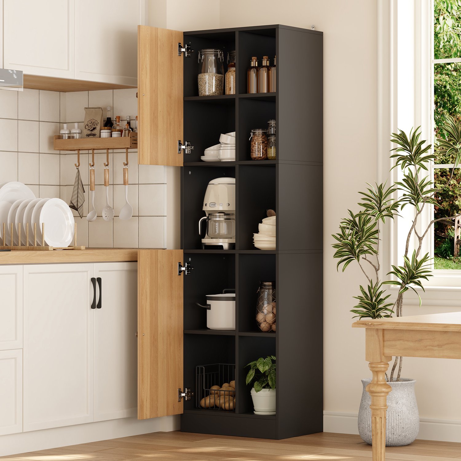 MODENUIT Keukenkast - Hoekkast Met 6 Open Vakken, 2 Deuren - Voor Keuken - MDF - Zwart - 50x35,5x170 Cm