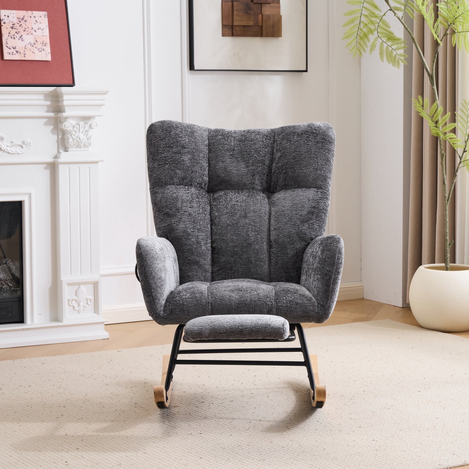 STILVORA Schommelstoel - Fauteuil Met Voetensteun - Hoge Rugleuning, Armleuningen & Opbergvak - Voor Woonkamer En Babykamer - Chenille Donkergrijs