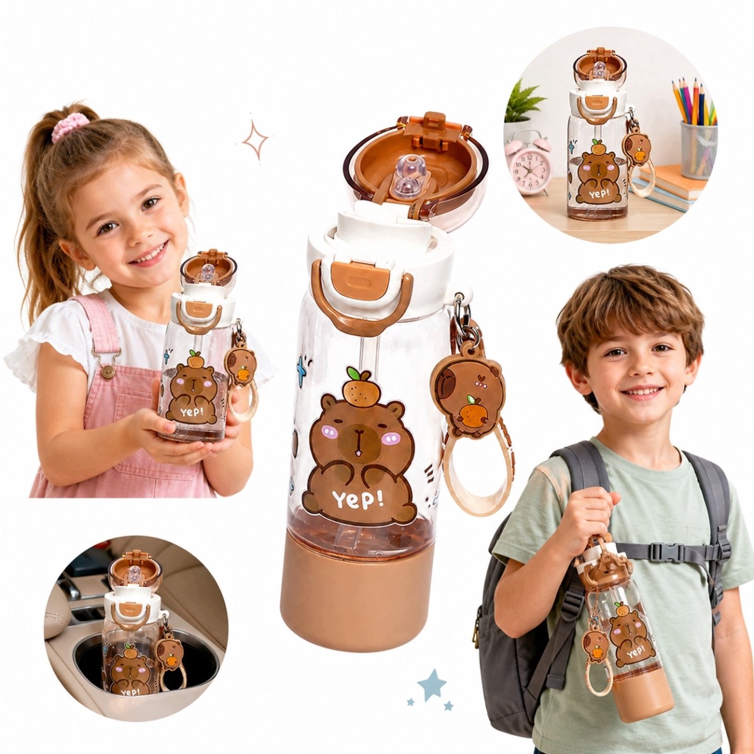 Kapibara waterfles 510ml met zachte rietjes tuit en draagband