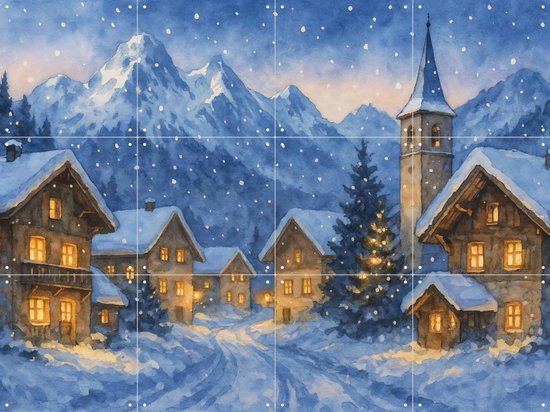 Aquarel van een besneeuwd bergdorp in de winter met verlichte huisjes, een kerstboom en hoge bergtoppen op de achtergrond.