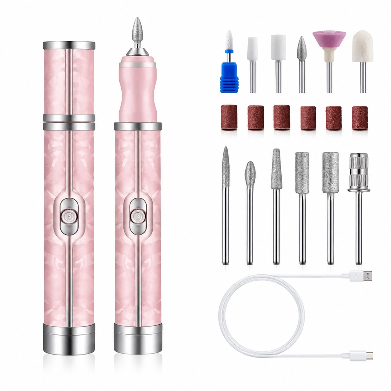 elektrische nageltrimmer - 18 slijpkoppen - 3 snelheden - USB-oplaadbaar - roze zonder display, 1 stuk