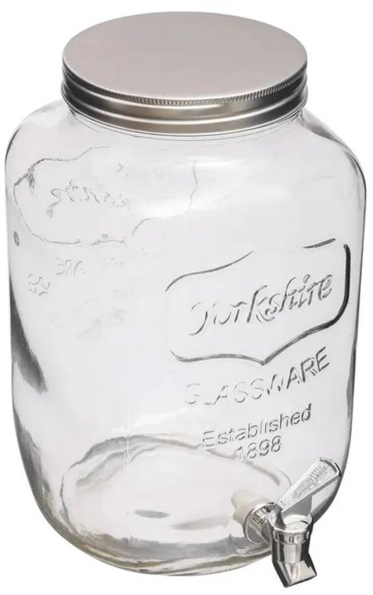 Lege glazen drankdispenser met verchroomd kraantje en zilverkleurig schroefdeksel.