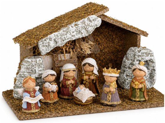 Complete kerststal - voor kinderen - 30,5 x 11,5 x 19 cm - met 8 beeldjes - stal kinderkamer