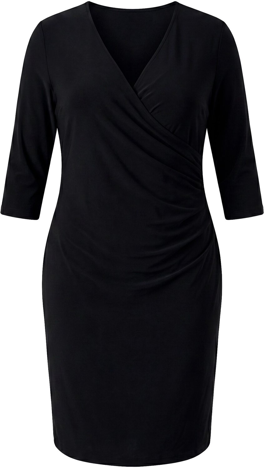 Ulla Popken - Dames - Jersey jurk wikkellook V-hals 3/4 mouwen - Zwart - Maat 46+