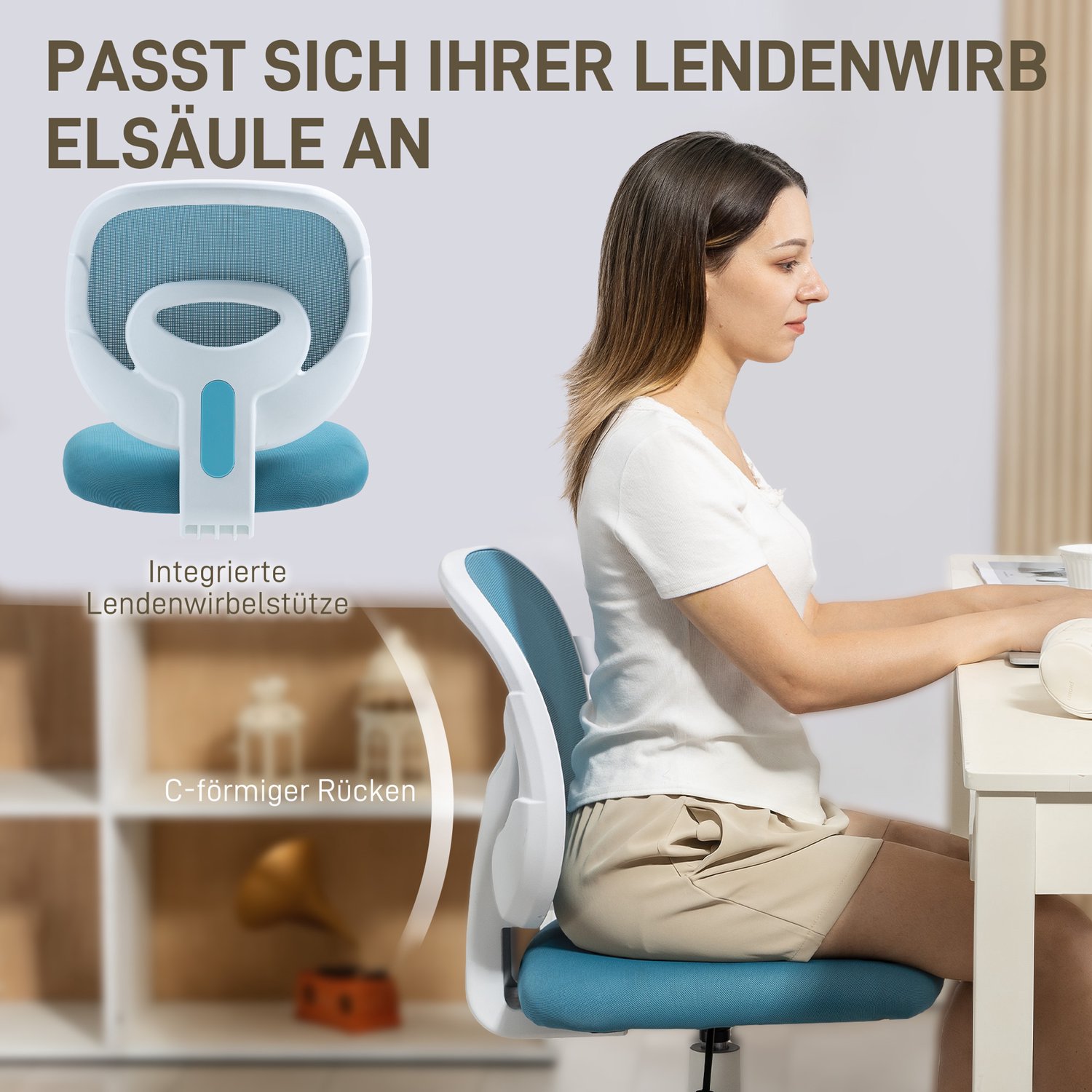 Homona Bureaustoel - Armloos en ergonomisch met C-vormige rugsteun - In hoogte verstelbaar - 53 x 59,5 x 81-89 cm - Blauw