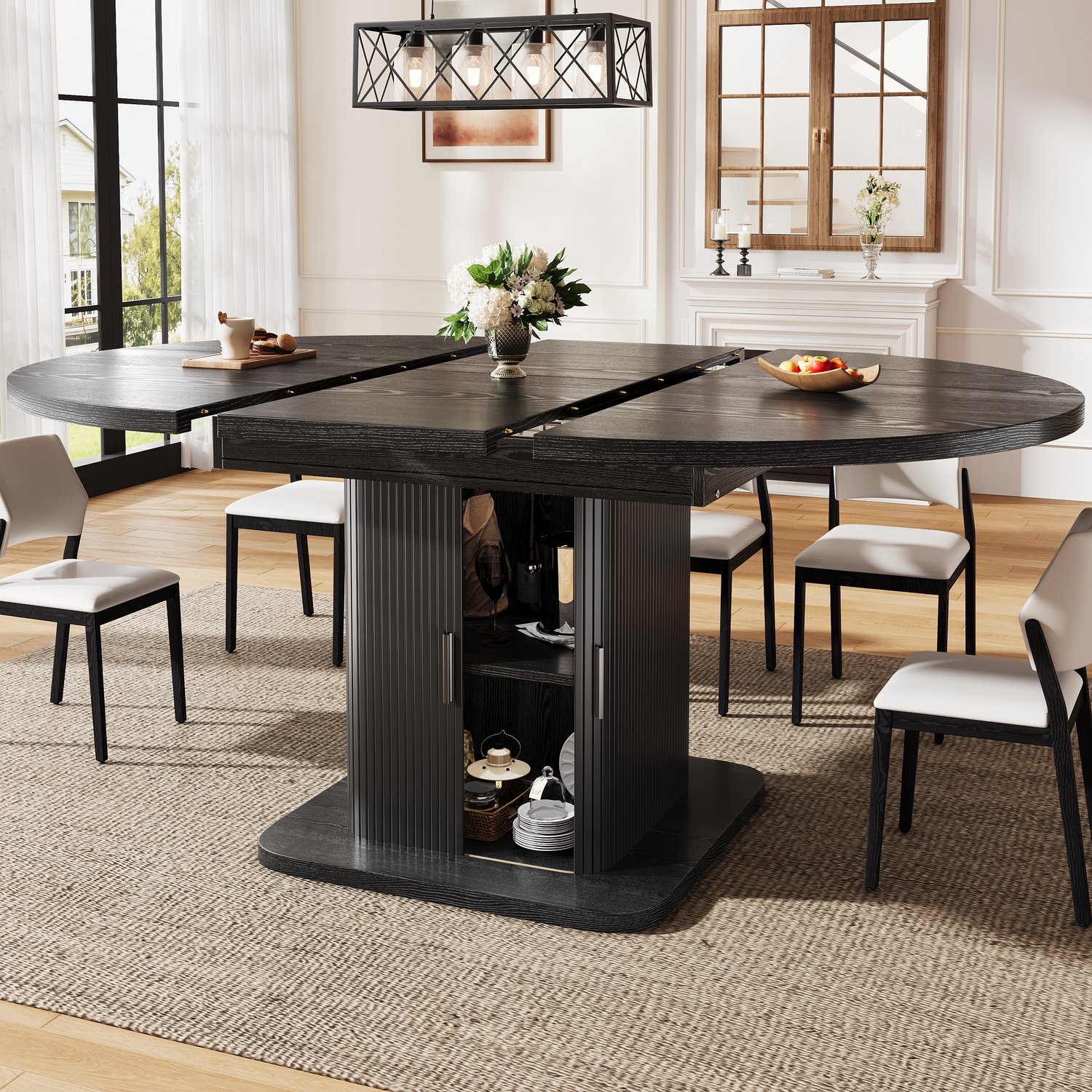 HAUSS SPOLE Ovale Uitschuifbare Eettafel Met Opbergruimte En Schuifdeuren Voor Eetkamer MDF En Metaal 110 Tot 149,8 x 110 x 75 Cm Zwart