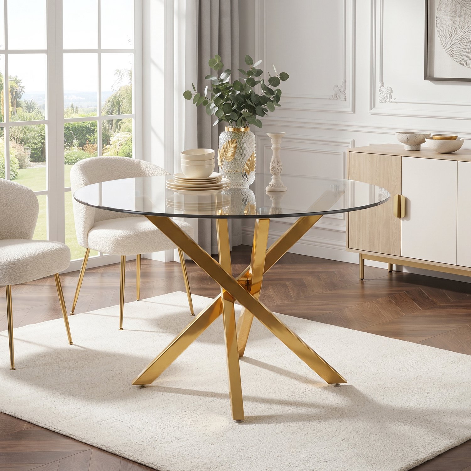 HAUSS SPOLE Ronde Eettafel - Transparant Gehard Glas - Goudkleurige Metalen Kruispoten - Modern Voor Eetkamer Woonkamer Of Keuken - 80 x 80 x 75 cm Goud + glas