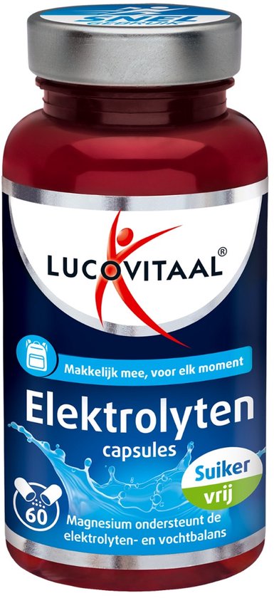 Fles met rode 'Elektrolyten capsules' van Lucovitaal, met 'Suiker vrij' logo en 60 capsules vermelding.
