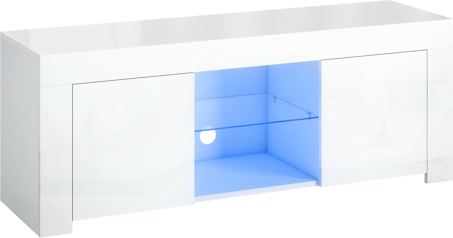 Homona TV-meubel met ledverlichting - Met 2 deuren en glazen schap - 120 x 34 x 45 cm - Wit