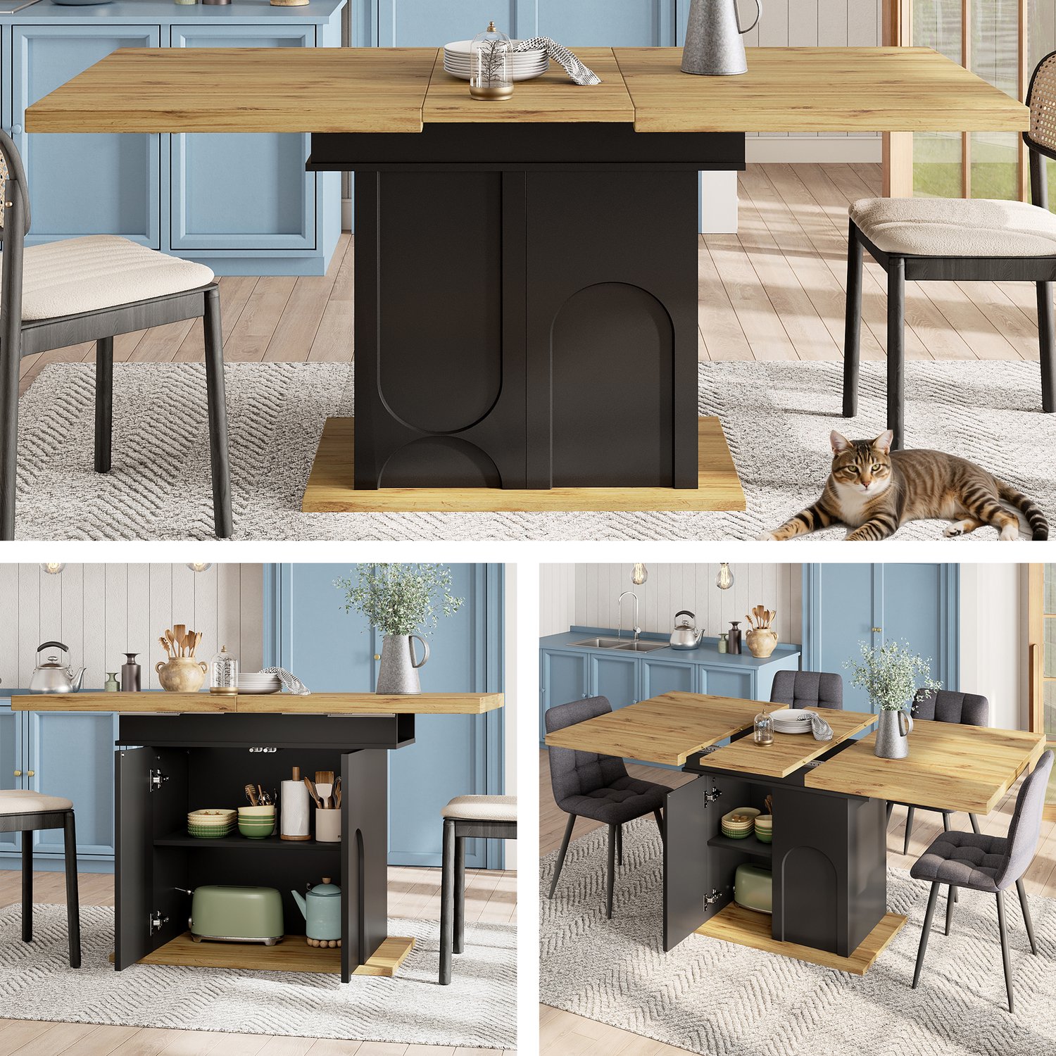 Clruro Eettafel - 110–140×80×76 cm - Uitschuifbaar - Opbergkast - MDF/Metaal Zwart, naturel