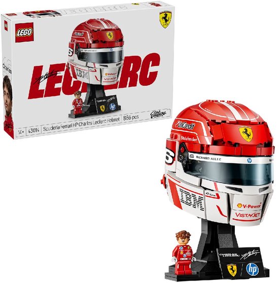 LEGO helm van Charles Leclerc, rood met witte accenten, met sponsordeclaraties en een minifiguur.