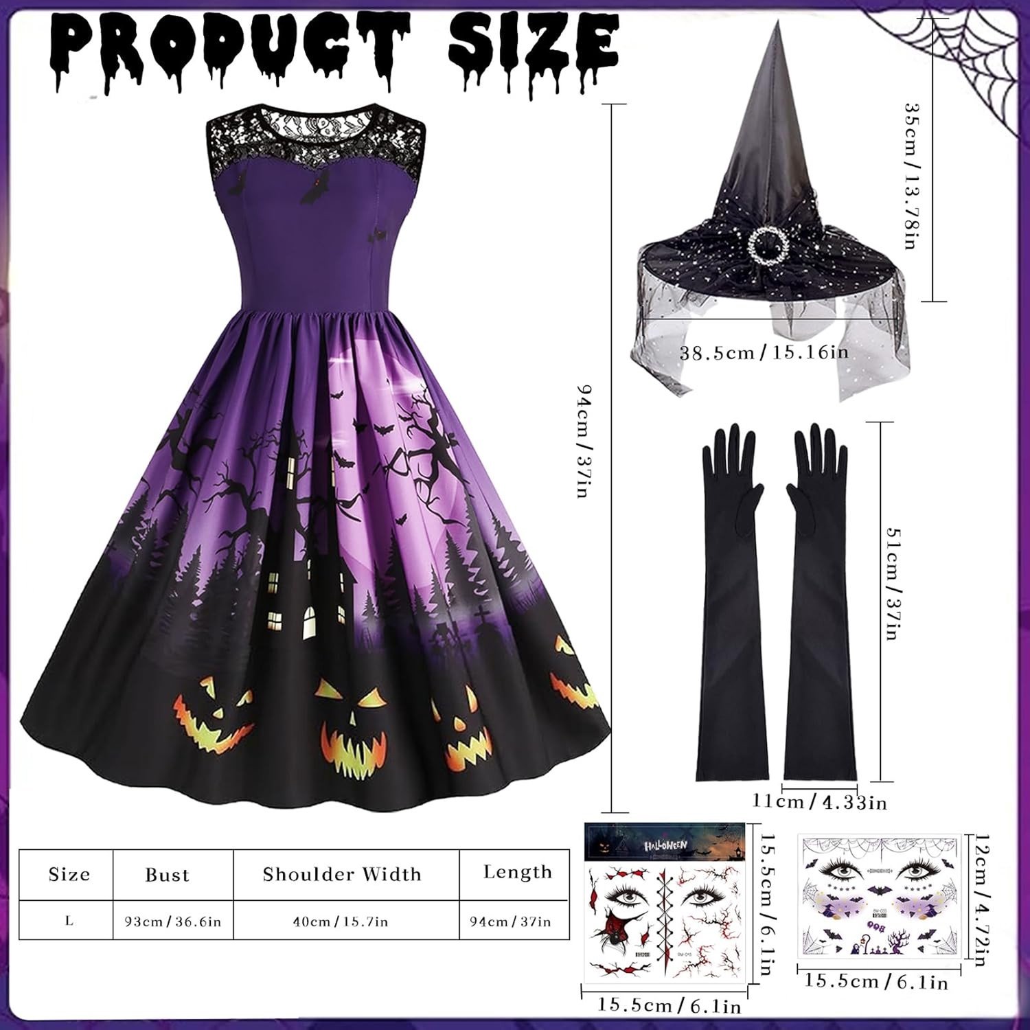 Dames Halloween Kostuum Set met Heksenhoed, Handschoenen, Jurk en Gezichtsstickers voor Carnaval en Cosplay Feestjes