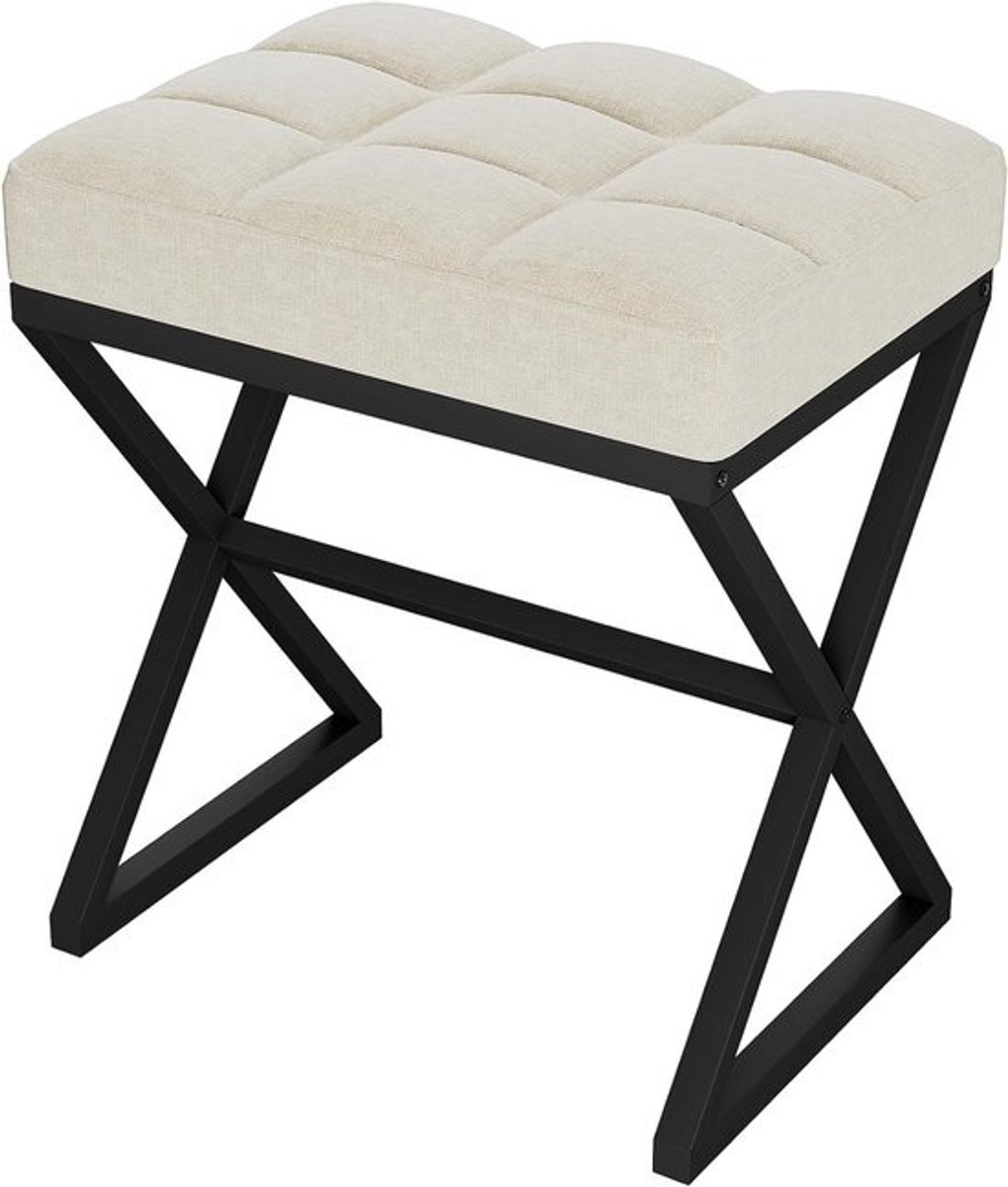 Linnen Poef met Vierkante Vorm en X-Vormige Metalen Poten voor Make-up en Slaapkamer - 40×30×46cm Beige, Perfect voor Woonkamer en Hal