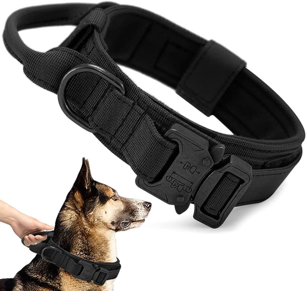 Halsband, militaire nylon hondenhalsband, zacht gewatteerde, verstelbare halsband met bedieningshandvat en zwaar belastbare metalen gesp, trainingshalsband voor middelgrote en