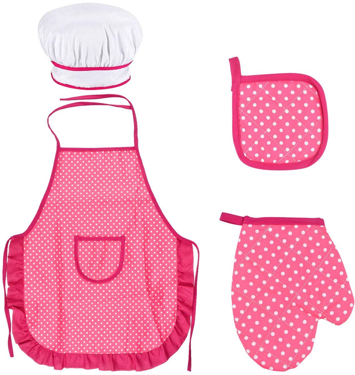 Kookset voor kinderen, verstelbaar kookschort voor kinderen, keuken bakken met kinderkookmuts, kinderkookhandschoen, hittebestendige mat voor jongens meisjes leeftijd 3-8 jaar oud (rozerood)
