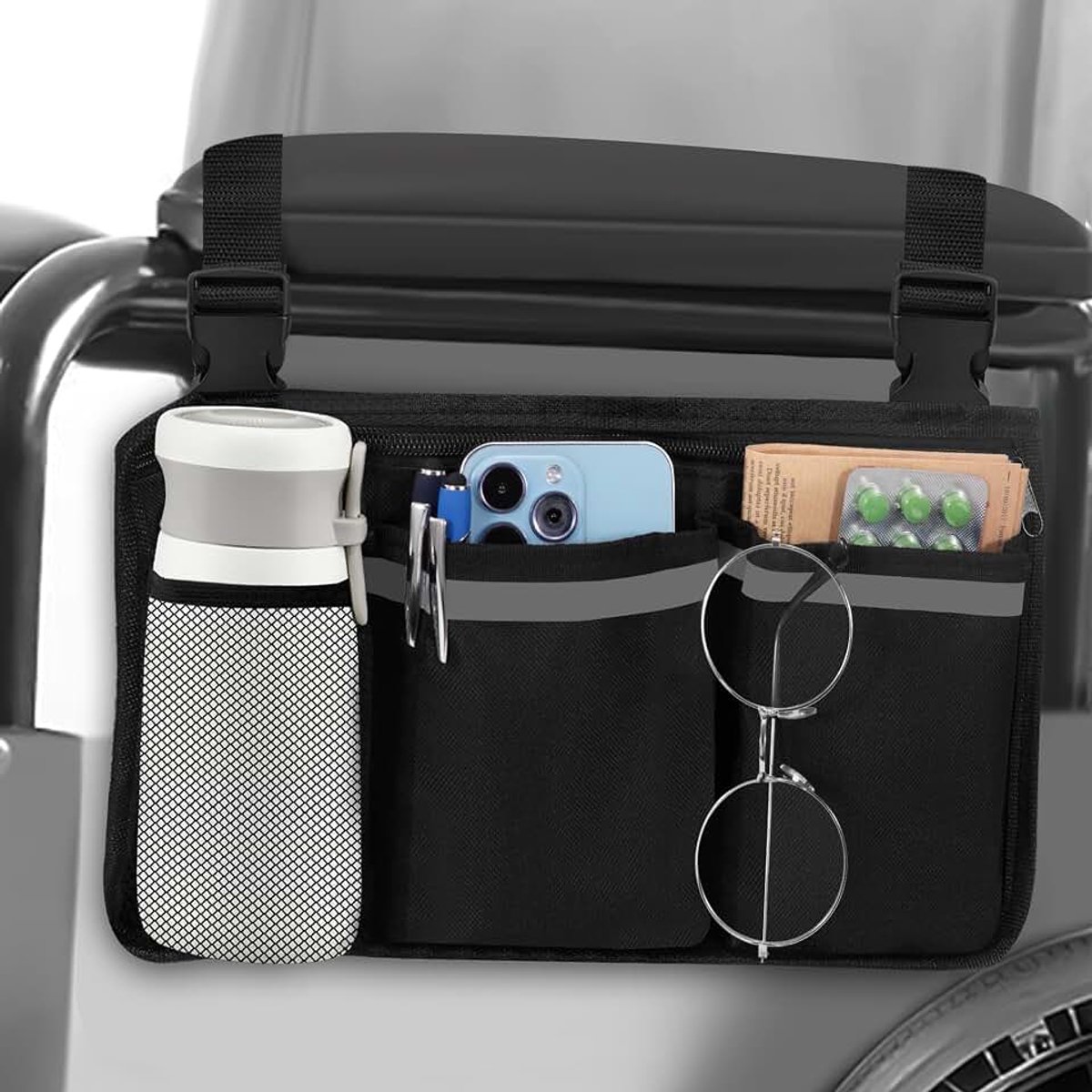 Tas voor rolstoel, waterdicht, zijvak voor armleuning met reflecterende strepen en 5 vakken voor rollatoren, scooters, rolstoelen