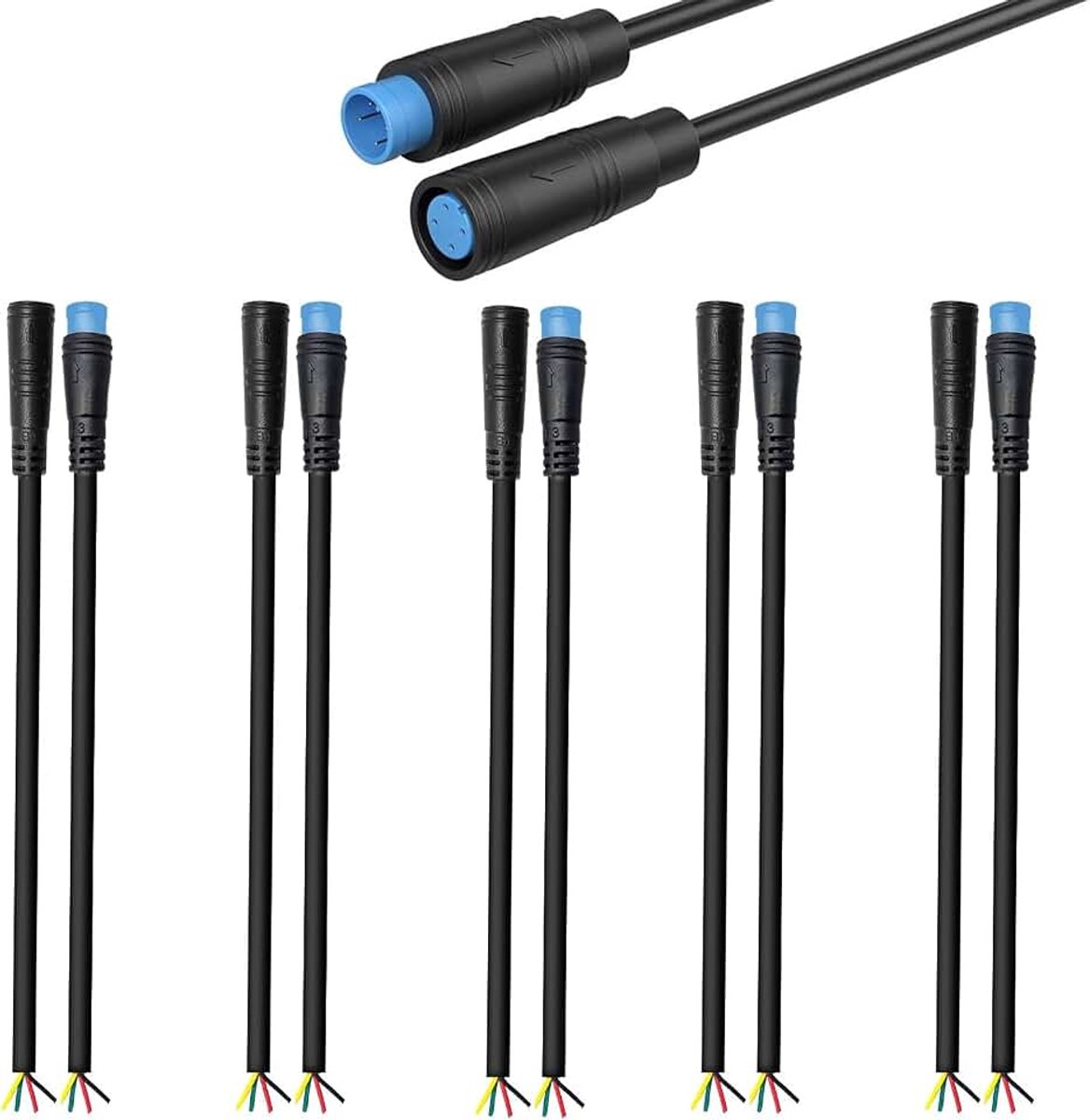 5 paar waterdichte 4-polige aansluitverlengkabels voor e-bikes, kabelconnector, vrouwelijke en mannelijke stekkerdraad voor elektrische fietslicht, 20 cm