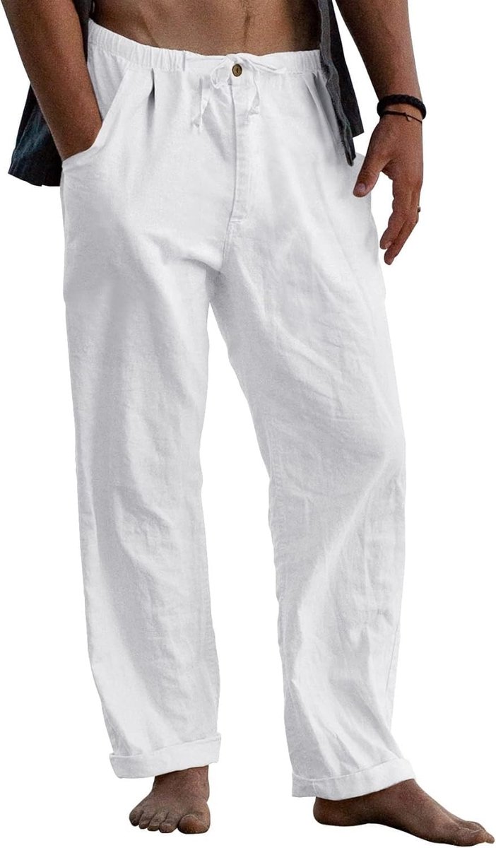 Linnen broek heren baggy lichte zomerbroek lang mannen effen vrijetijdsbroek strand yoga broek met trekkoord