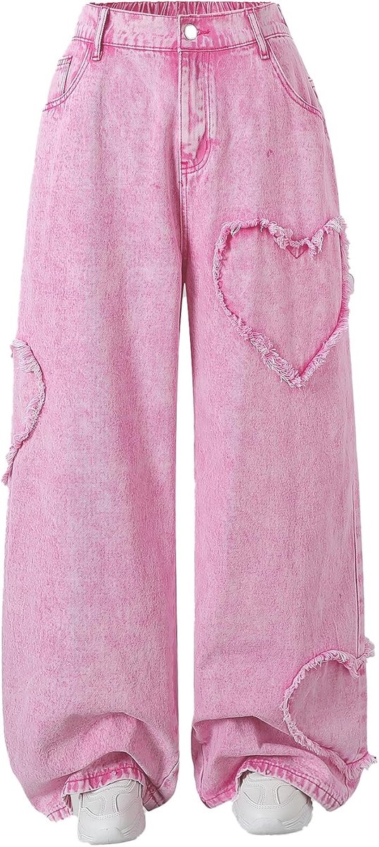 Jeans in grote maten, hoge taille, wijde pijpen, met hartdetail, gewassen vintage denim