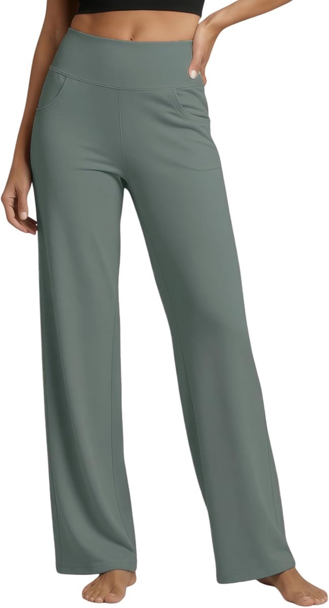 Yogabroek voor dames, wijde pijpen, damesbroek met zakken, elegante stoffen broek en uitlopende broek voor yoga, vrije tijd en kantoor