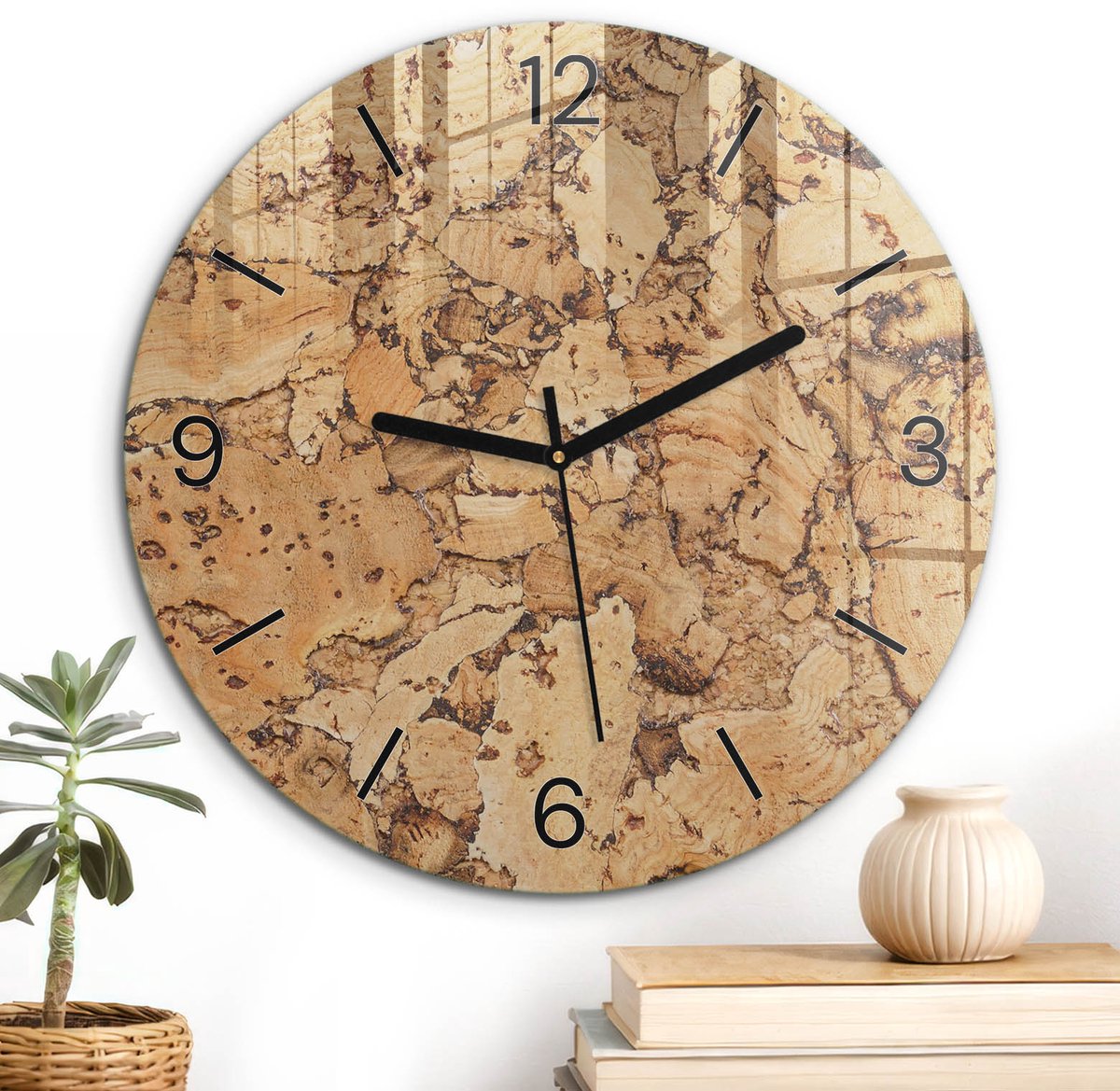 ArtPrintCave Beige Glazen Klok - Wandklok 30 cm - Muurklok Rond - Kurkpatroon Unieke Klok - Natuur Stille Wandklok - Zwarte Klokwijzers