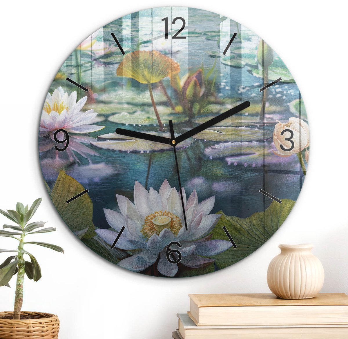 ArtPrintCave Groene Glazen Klok - Wandklok 30 cm - Muurklok Rond - Waterlelies Stille Wandklok - Bloemen En Planten Wandklok Keuken - Zwarte Klokwijzers