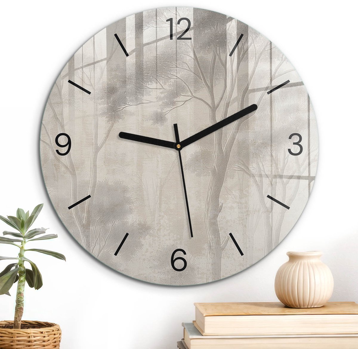 ArtPrintCave Grijs Glazen Klok - Wandklok 30 cm - Muurklok Rond - Woody Subtiliteit Stille Wandklok - Kunst Wandklok Keuken - Zwarte Klokwijzers