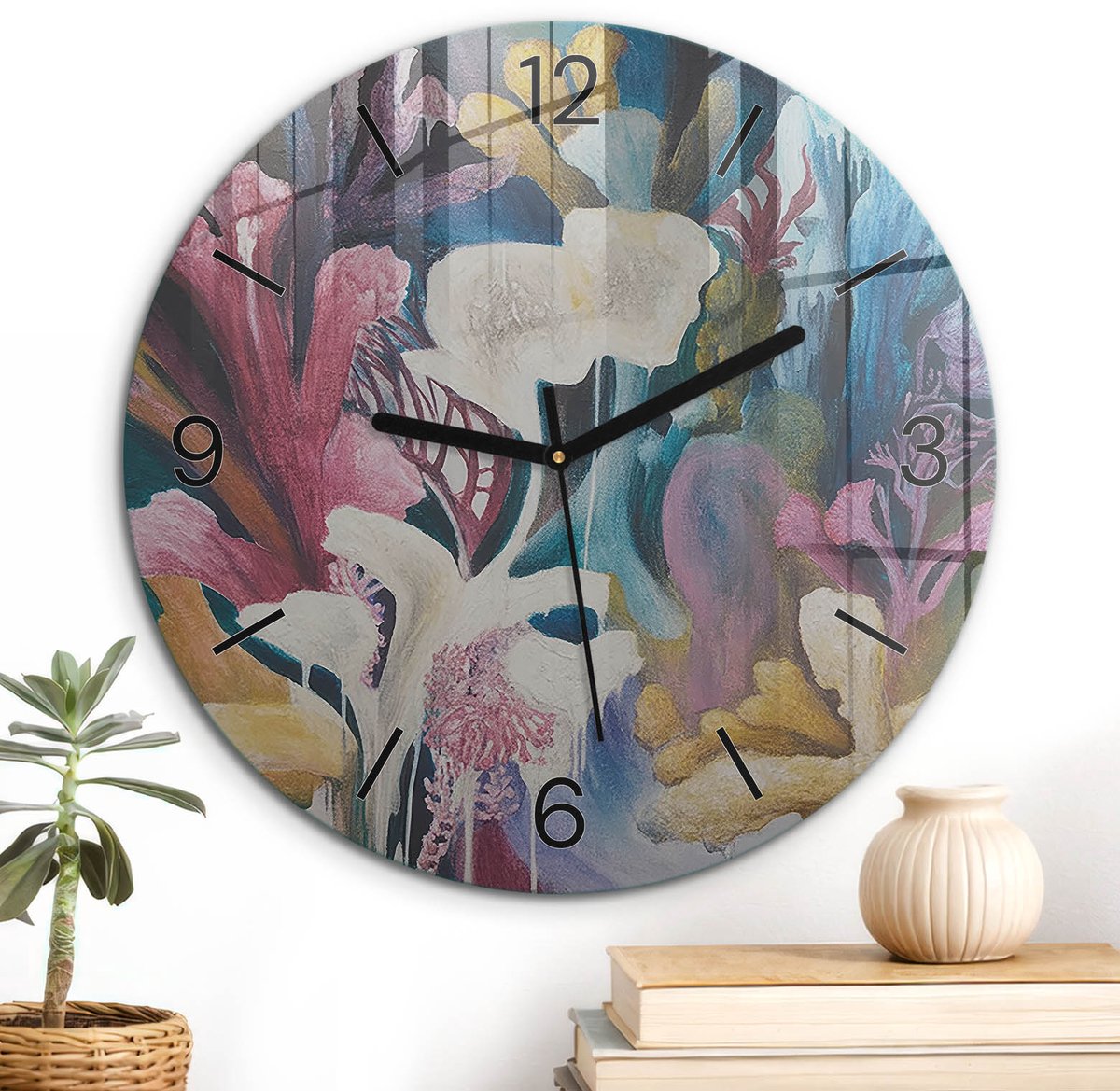 ArtPrintCave Turkoois Glazen Klok - Wandklok 30 cm - Muurklok Rond - Kleurrijke Flora Wandklok Keuken - Bloemen En Planten Unieke Klok - Zwarte Klokwijzers