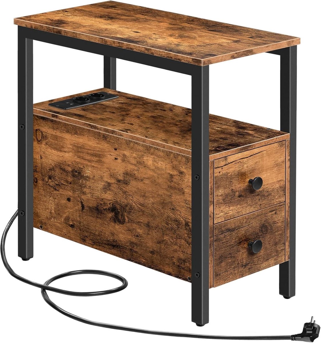 Vellaro Bijzettafel met laadstation - Bruin - Banktafel met 2 laden, USB-poorten en stopcontact - Voor woonkamer en slaapkamer