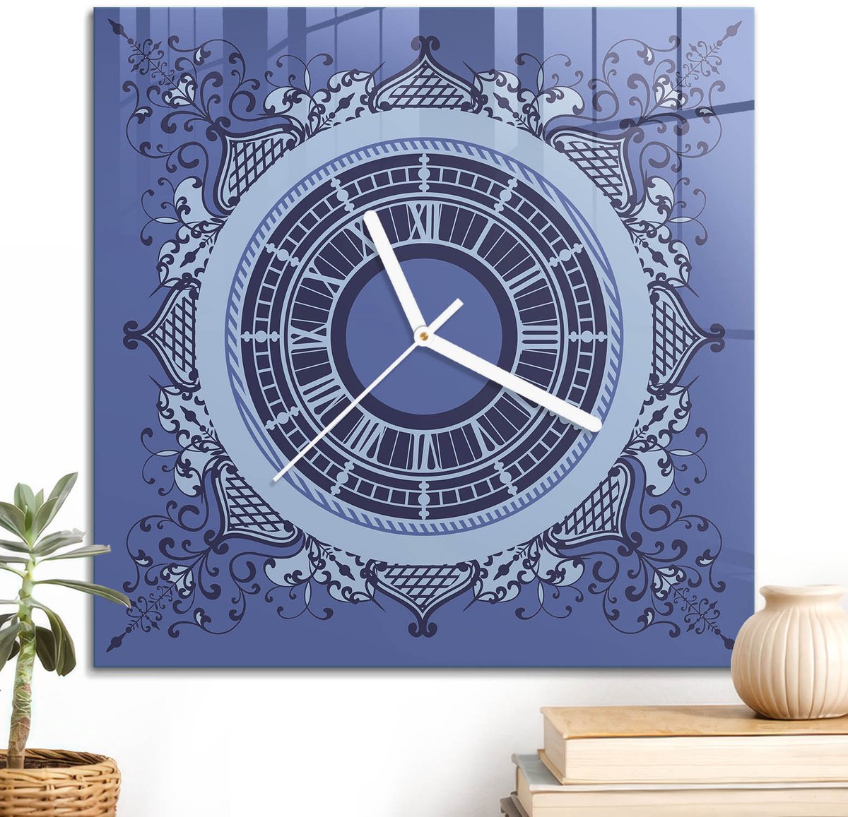 ArtPrintCave Blauw Glazen Klok - 30x30 cm - Wandklok Vierkant - Kanten Elegantie Wandklok Keuken - Achtergronden En Patronen Unieke Klok - Witte Klokwijzers