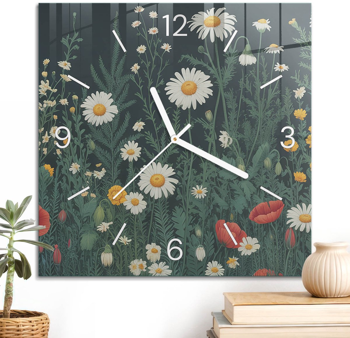ArtPrintCave Groene Glazen Klok - 30x30 cm - Wandklok Vierkant - Bloemenweide Wandklok Keuken - Natuur Unieke Klok - Witte Klokwijzers