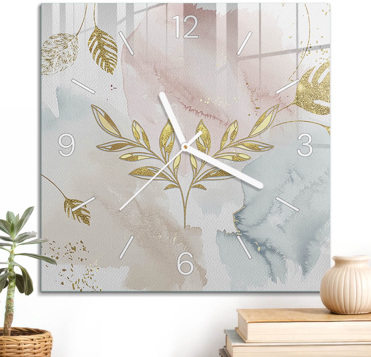ArtPrintCave Roze Glazen Klok - 30x30 cm - Wandklok Vierkant - Pastel Elegantie Unieke Klok - Natuur Stille Wandklok - Witte Klokwijzers