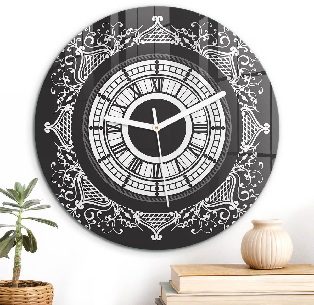 ArtPrintCave Zwart Glazen Klok - Wandklok 30 cm - Muurklok Rond - Klassieke Ornamenten Wandklok Keuken - Abstractie Unieke Klok - Witte Klokwijzers