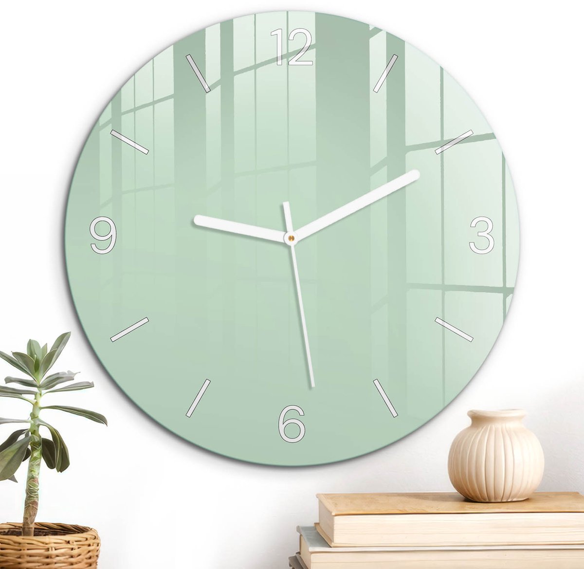 ArtPrintCave Groene Glazen Klok - Wandklok 30 cm - Muurklok Rond - Mintgroen Unieke Klok - Abstractie Stille Wandklok - Witte Klokwijzers