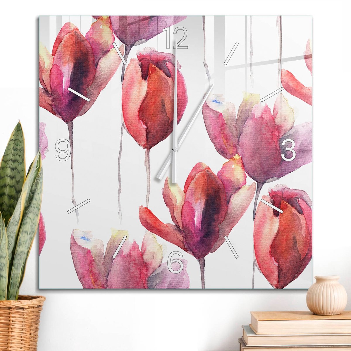 ArtPrintCave Rood Glazen Klok - 60x60 cm - Wandklok Vierkant - Aquarel Bloemen Stille Wandklok - Kunst Wandklok Keuken - Witte Klokwijzers