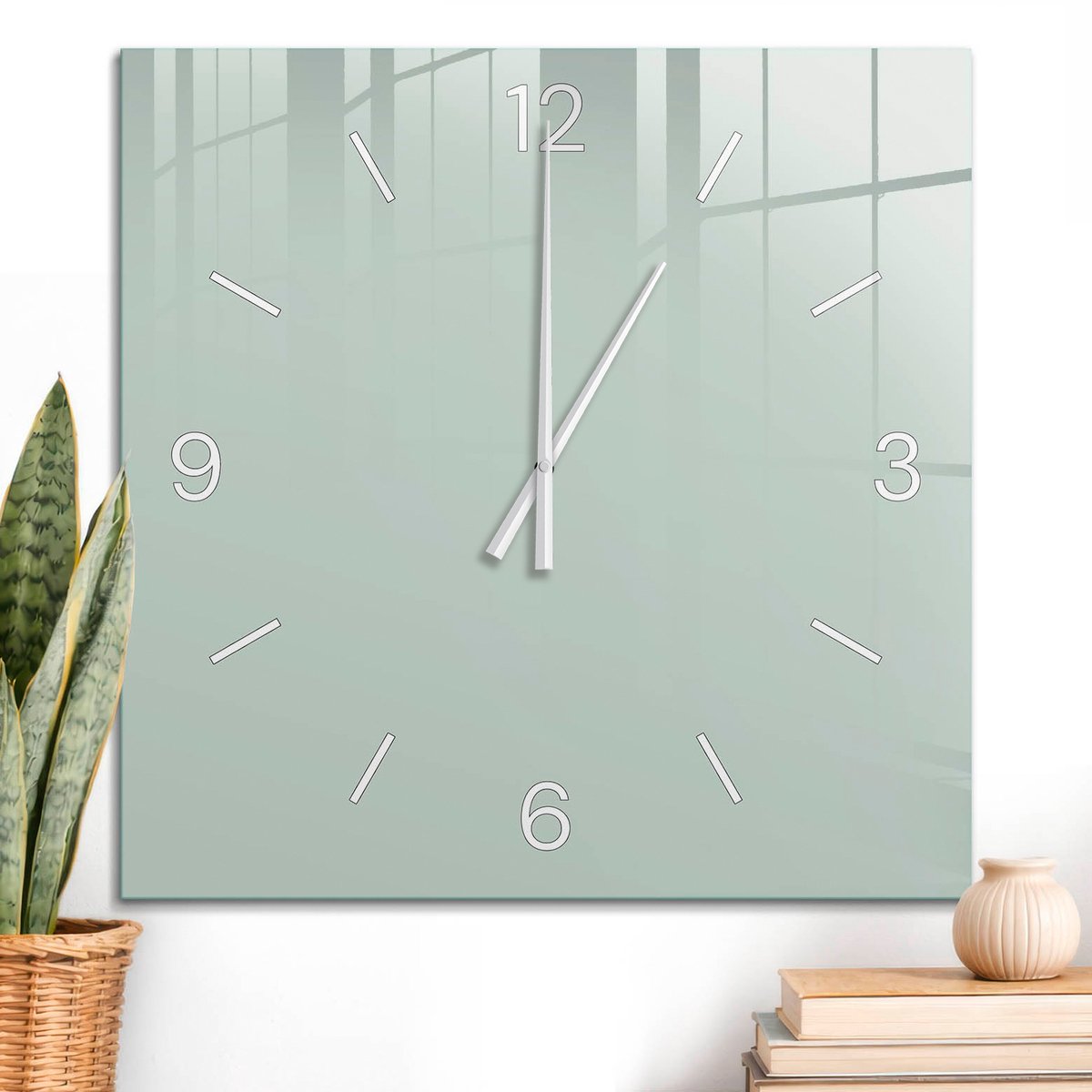 ArtPrintCave Groene Glazen Klok - 60x60 cm - Wandklok Vierkant - Lichte Munt Wandklok Keuken - Abstractie Unieke Klok - Witte Klokwijzers