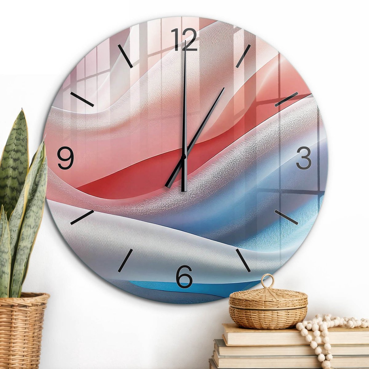 ArtPrintCave Roze Glazen Klok - Wandklok 60 cm - Muurklok Rond - Pastelkleurige Stoffen Stille Wandklok - Abstractie Wandklok Keuken - Zwarte Klokwijzers