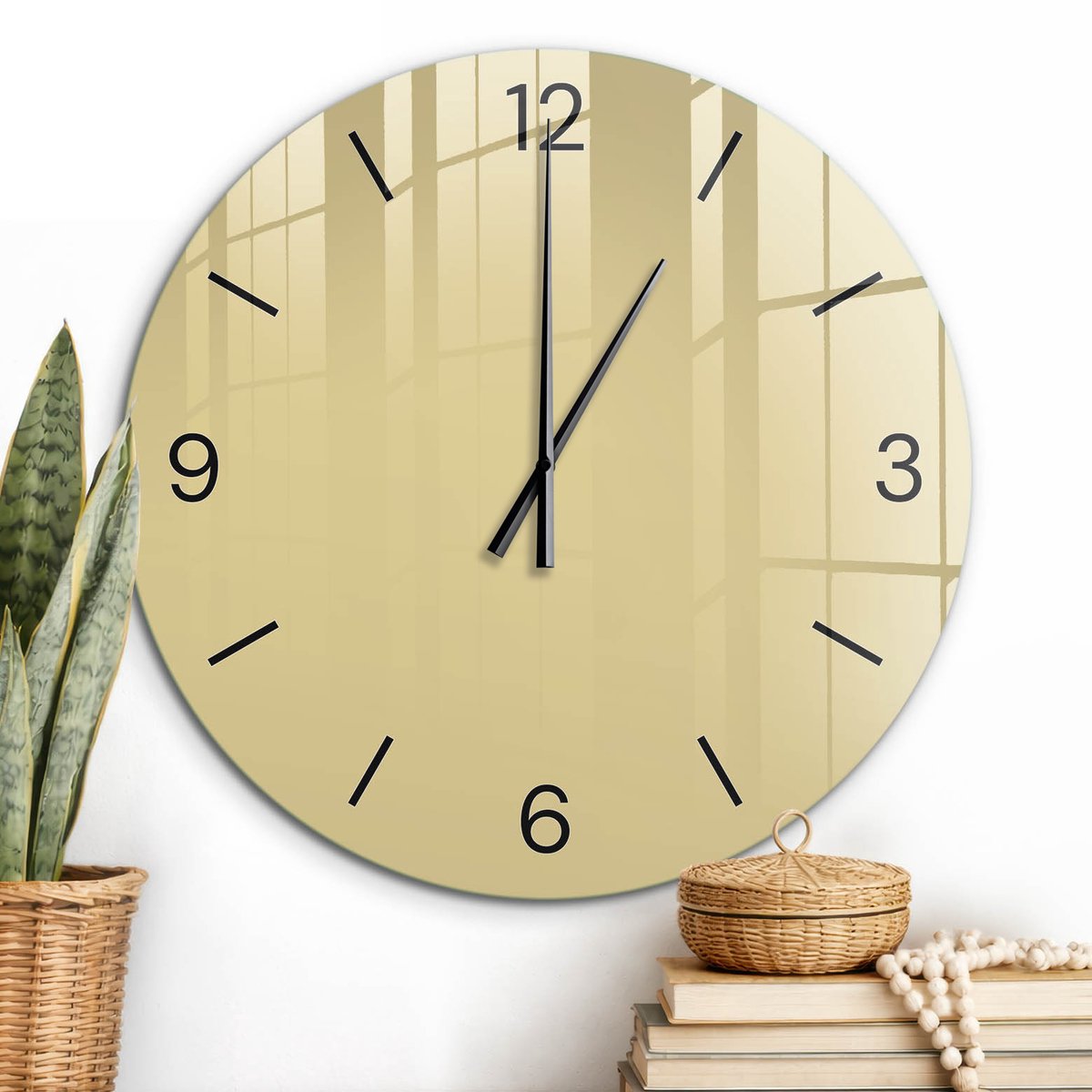 ArtPrintCave Beige Glazen Klok - Wandklok 60 cm - Muurklok Rond - Beige-Geel Wandklok Keuken - Abstractie Unieke Klok - Zwarte Klokwijzers