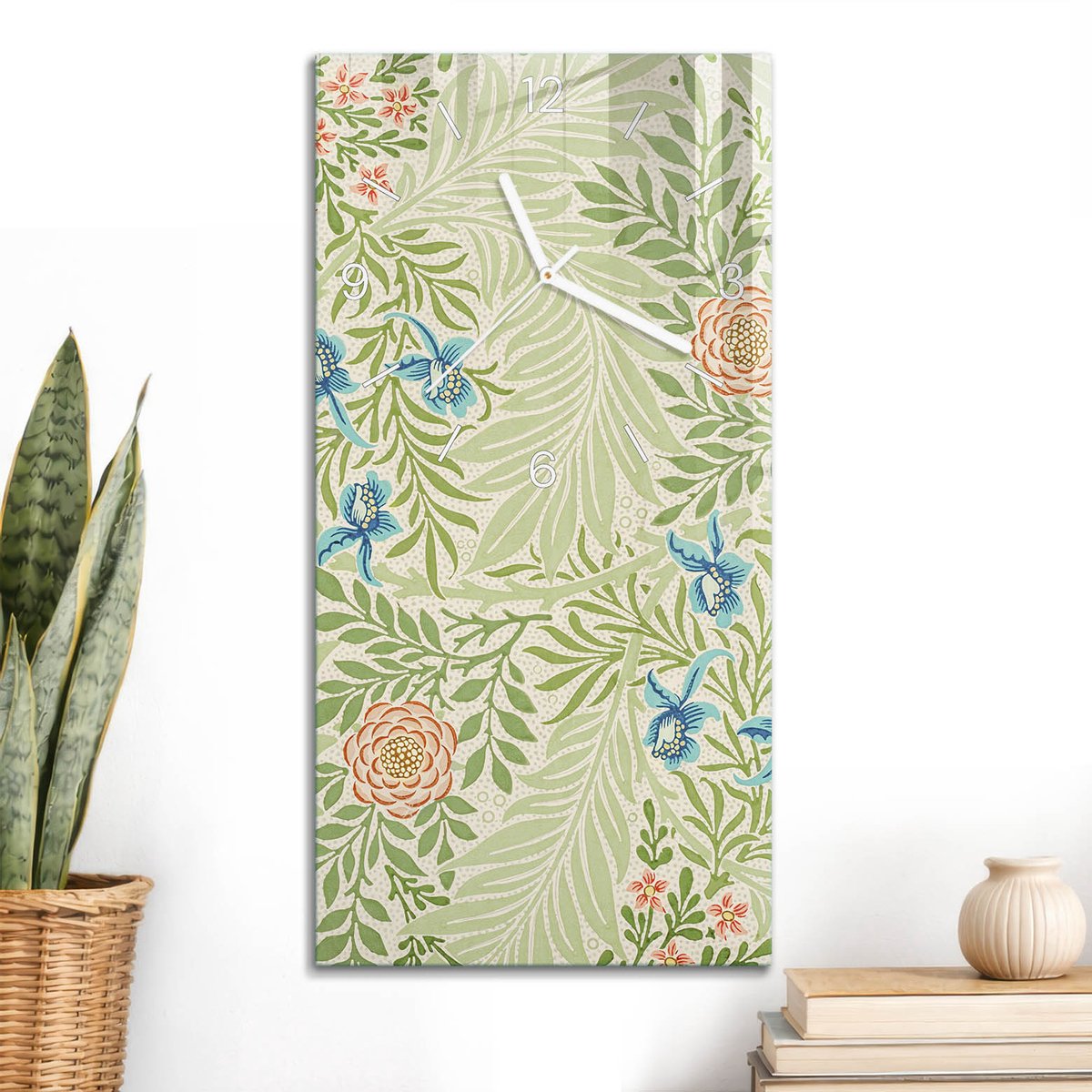 ArtPrintCave Groene Glazen Klok - 30x60 cm - Rechthoekige Wandklok - Plantenpatronen Stille Wandklok - Natuur Wandklok Keuken - Witte Klokwijzers