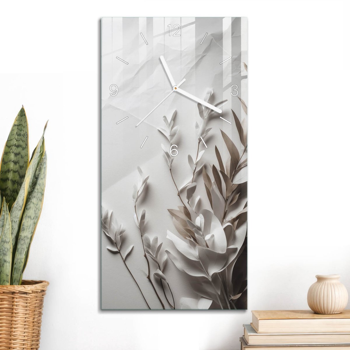 ArtPrintCave Beige Glazen Klok - 30x60 cm - Rechthoekige Wandklok - Subtiele Natuur Wandklok Keuken - Natuur Unieke Klok - Witte Klokwijzers