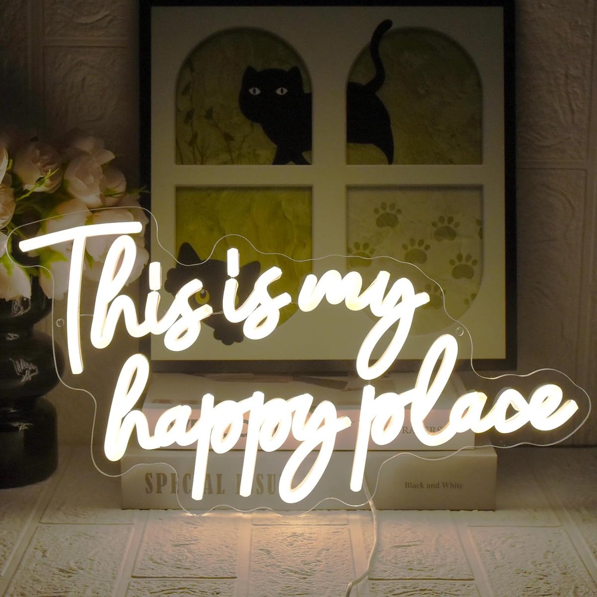 Is My Happy Place neonbord, warmwit, letters, neonlicht, USB, led-neonborden voor slaapkamer, speelkamer, bar, feest, verjaardag